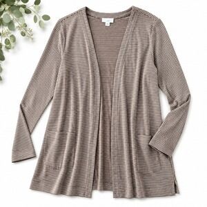 J.Jill Women's Small Brown White Striped Cotton Open Front Long Cardigan Duster